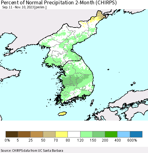 Korea Percent of Normal Precipitation 2-Month (CHIRPS) Thematic Map For 9/11/2023 - 11/10/2023