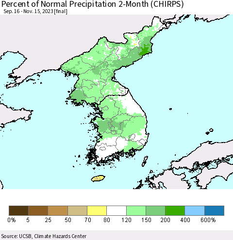 Korea Percent of Normal Precipitation 2-Month (CHIRPS) Thematic Map For 9/16/2023 - 11/15/2023
