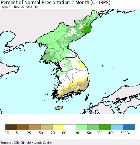Korea Percent of Normal Precipitation 2-Month (CHIRPS) Thematic Map For 9/21/2023 - 11/20/2023