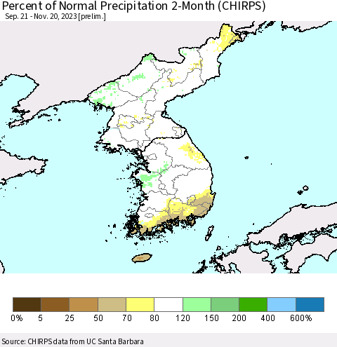 Korea Percent of Normal Precipitation 2-Month (CHIRPS) Thematic Map For 9/21/2023 - 11/20/2023