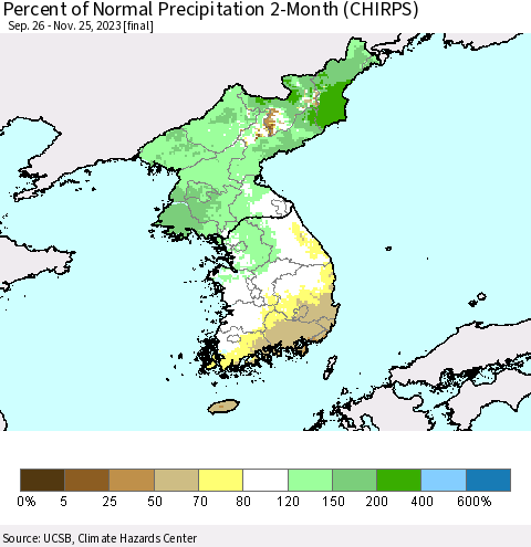 Korea Percent of Normal Precipitation 2-Month (CHIRPS) Thematic Map For 9/26/2023 - 11/25/2023