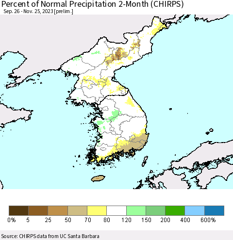 Korea Percent of Normal Precipitation 2-Month (CHIRPS) Thematic Map For 9/26/2023 - 11/25/2023