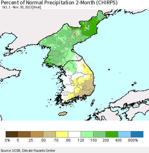 Korea Percent of Normal Precipitation 2-Month (CHIRPS) Thematic Map For 10/1/2023 - 11/30/2023