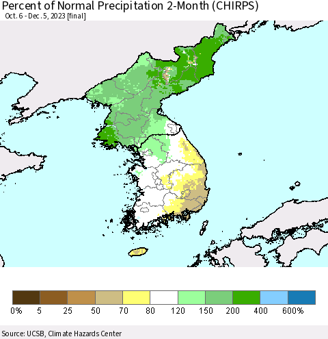 Korea Percent of Normal Precipitation 2-Month (CHIRPS) Thematic Map For 10/6/2023 - 12/5/2023