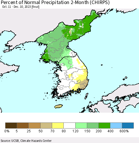 Korea Percent of Normal Precipitation 2-Month (CHIRPS) Thematic Map For 10/11/2023 - 12/10/2023
