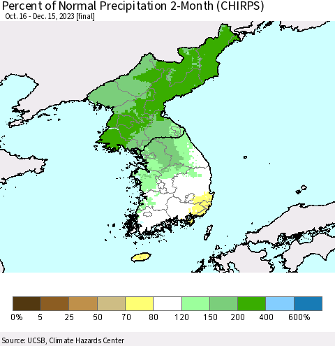Korea Percent of Normal Precipitation 2-Month (CHIRPS) Thematic Map For 10/16/2023 - 12/15/2023