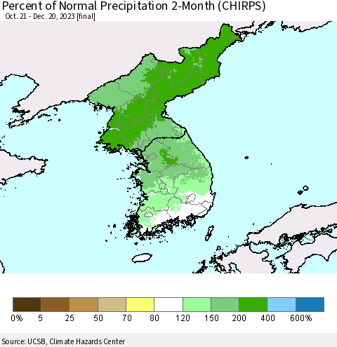 Korea Percent of Normal Precipitation 2-Month (CHIRPS) Thematic Map For 10/21/2023 - 12/20/2023