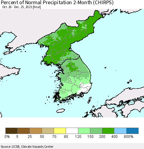 Korea Percent of Normal Precipitation 2-Month (CHIRPS) Thematic Map For 10/26/2023 - 12/25/2023
