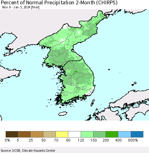Korea Percent of Normal Precipitation 2-Month (CHIRPS) Thematic Map For 11/6/2023 - 1/5/2024