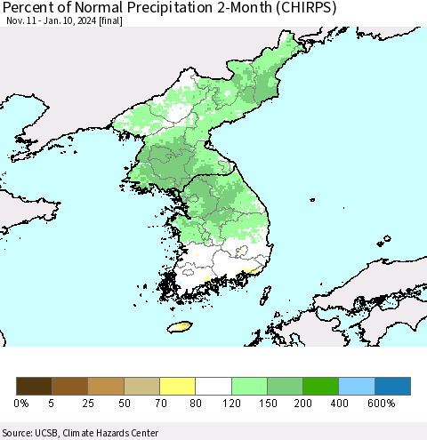 Korea Percent of Normal Precipitation 2-Month (CHIRPS) Thematic Map For 11/11/2023 - 1/10/2024