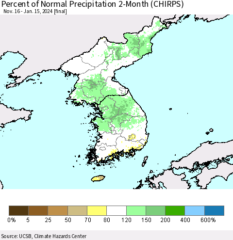 Korea Percent of Normal Precipitation 2-Month (CHIRPS) Thematic Map For 11/16/2023 - 1/15/2024