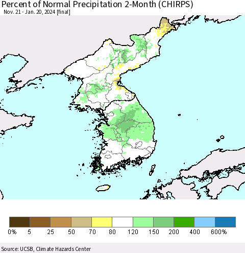 Korea Percent of Normal Precipitation 2-Month (CHIRPS) Thematic Map For 11/21/2023 - 1/20/2024