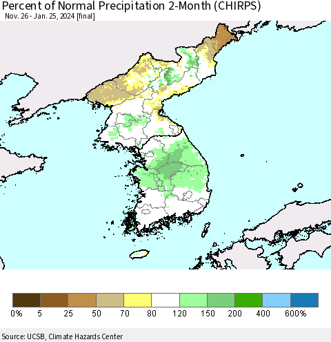 Korea Percent of Normal Precipitation 2-Month (CHIRPS) Thematic Map For 11/26/2023 - 1/25/2024