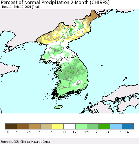 Korea Percent of Normal Precipitation 2-Month (CHIRPS) Thematic Map For 12/11/2023 - 2/10/2024
