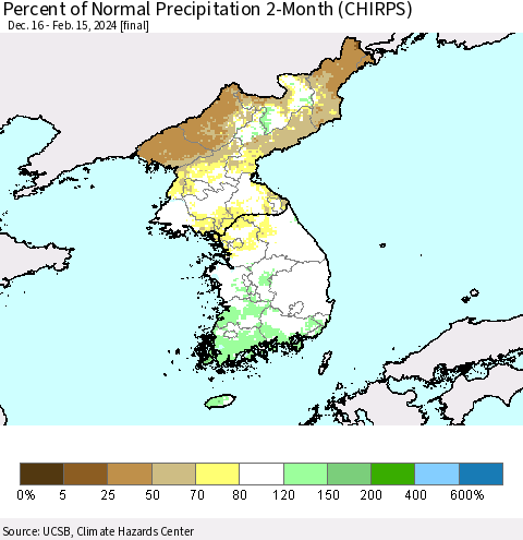 Korea Percent of Normal Precipitation 2-Month (CHIRPS) Thematic Map For 12/16/2023 - 2/15/2024
