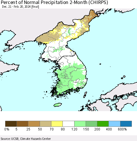Korea Percent of Normal Precipitation 2-Month (CHIRPS) Thematic Map For 12/21/2023 - 2/20/2024