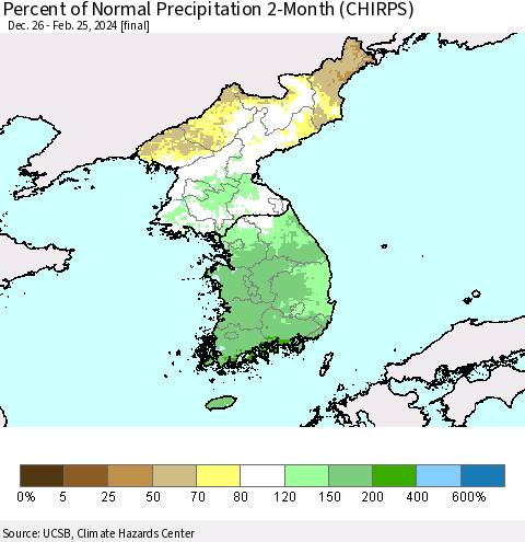 Korea Percent of Normal Precipitation 2-Month (CHIRPS) Thematic Map For 12/26/2023 - 2/25/2024