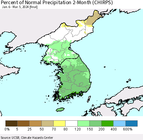 Korea Percent of Normal Precipitation 2-Month (CHIRPS) Thematic Map For 1/6/2024 - 3/5/2024