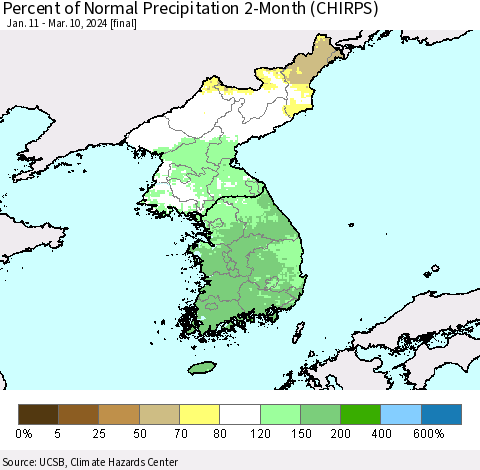 Korea Percent of Normal Precipitation 2-Month (CHIRPS) Thematic Map For 1/11/2024 - 3/10/2024