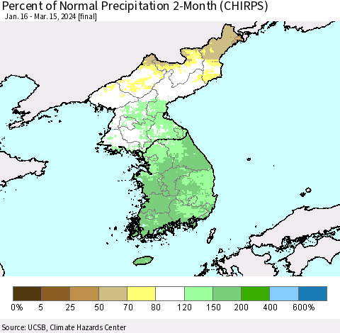 Korea Percent of Normal Precipitation 2-Month (CHIRPS) Thematic Map For 1/16/2024 - 3/15/2024