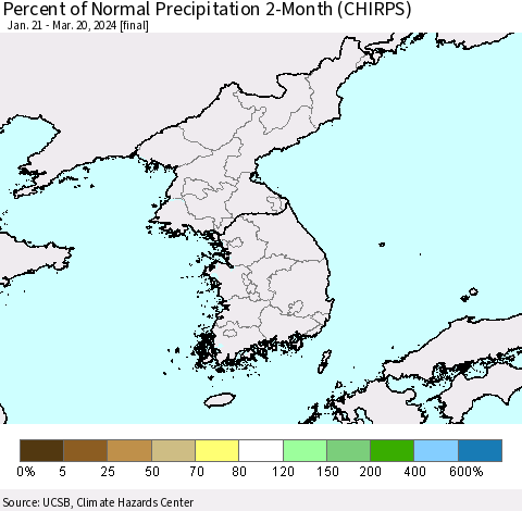 Korea Percent of Normal Precipitation 2-Month (CHIRPS) Thematic Map For 1/21/2024 - 3/20/2024