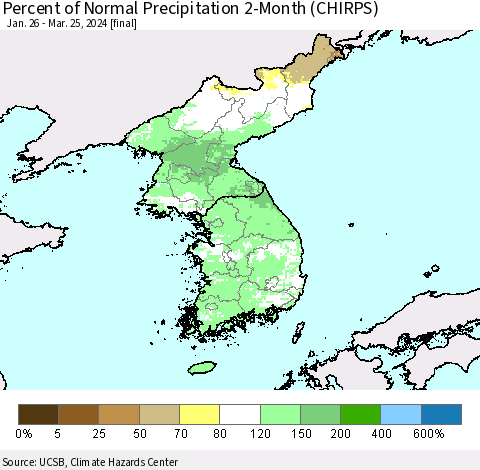 Korea Percent of Normal Precipitation 2-Month (CHIRPS) Thematic Map For 1/26/2024 - 3/25/2024