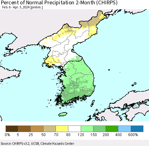 Korea Percent of Normal Precipitation 2-Month (CHIRPS) Thematic Map For 2/6/2024 - 4/5/2024