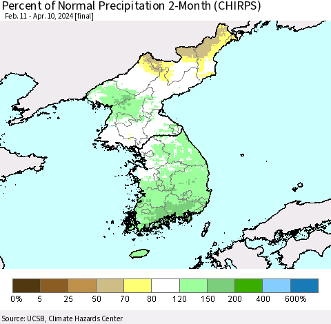 Korea Percent of Normal Precipitation 2-Month (CHIRPS) Thematic Map For 2/11/2024 - 4/10/2024