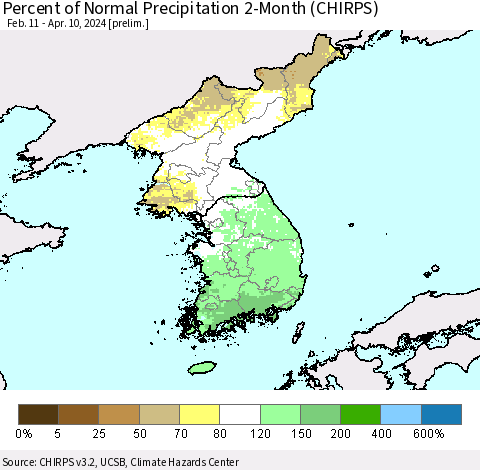 Korea Percent of Normal Precipitation 2-Month (CHIRPS) Thematic Map For 2/11/2024 - 4/10/2024