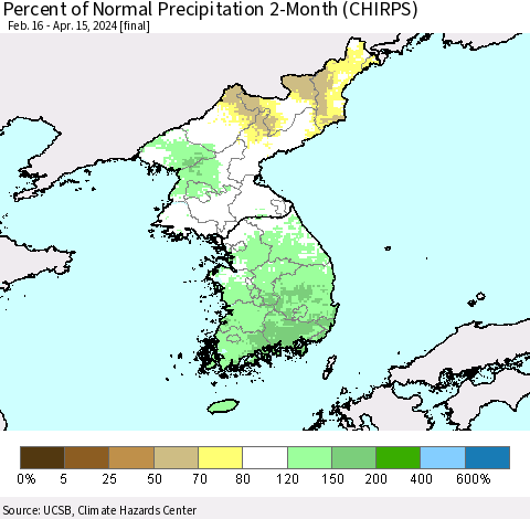 Korea Percent of Normal Precipitation 2-Month (CHIRPS) Thematic Map For 2/16/2024 - 4/15/2024