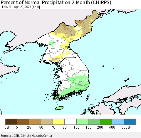 Korea Percent of Normal Precipitation 2-Month (CHIRPS) Thematic Map For 2/21/2024 - 4/20/2024