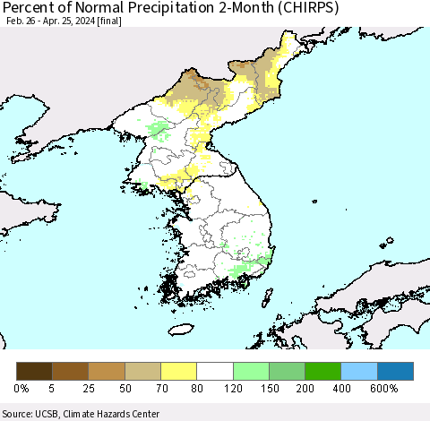 Korea Percent of Normal Precipitation 2-Month (CHIRPS) Thematic Map For 2/26/2024 - 4/25/2024