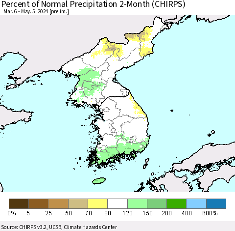 Korea Percent of Normal Precipitation 2-Month (CHIRPS) Thematic Map For 3/6/2024 - 5/5/2024