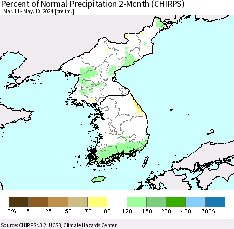 Korea Percent of Normal Precipitation 2-Month (CHIRPS) Thematic Map For 3/11/2024 - 5/10/2024