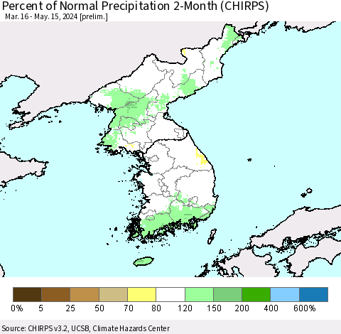 Korea Percent of Normal Precipitation 2-Month (CHIRPS) Thematic Map For 3/16/2024 - 5/15/2024
