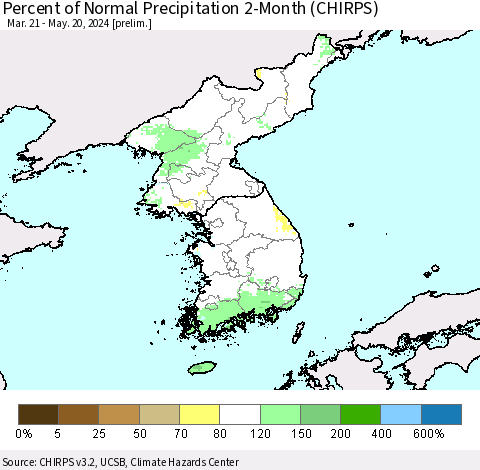Korea Percent of Normal Precipitation 2-Month (CHIRPS) Thematic Map For 3/21/2024 - 5/20/2024