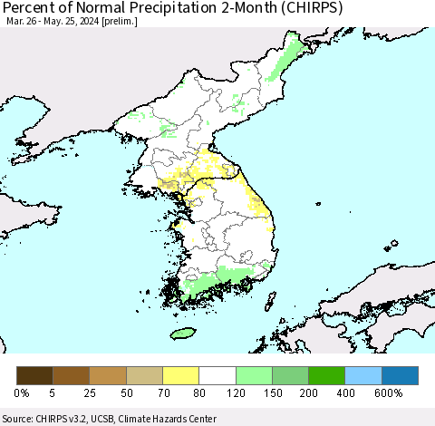 Korea Percent of Normal Precipitation 2-Month (CHIRPS) Thematic Map For 3/26/2024 - 5/25/2024