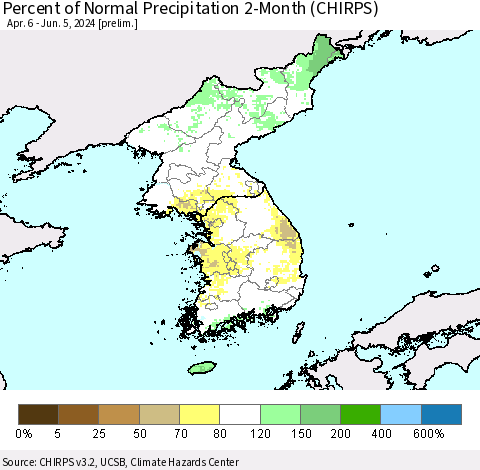 Korea Percent of Normal Precipitation 2-Month (CHIRPS) Thematic Map For 4/6/2024 - 6/5/2024