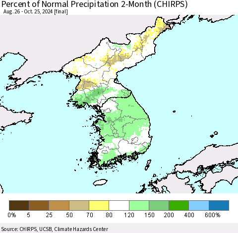 Korea Percent of Normal Precipitation 2-Month (CHIRPS) Thematic Map For 8/26/2024 - 10/25/2024