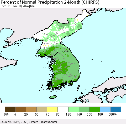 Korea Percent of Normal Precipitation 2-Month (CHIRPS) Thematic Map For 9/11/2024 - 11/10/2024