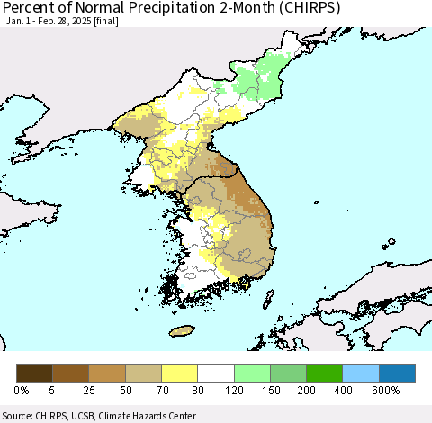 Korea Percent of Normal Precipitation 2-Month (CHIRPS) Thematic Map For 1/1/2025 - 2/28/2025