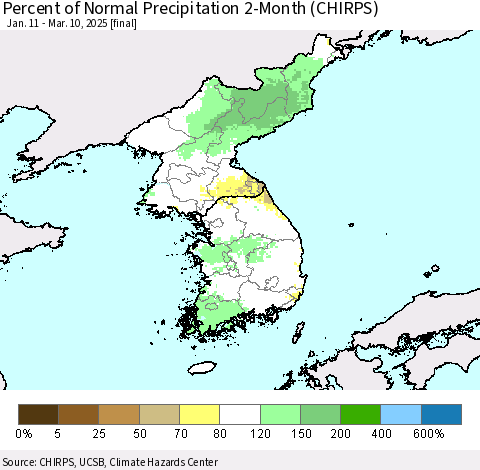 Korea Percent of Normal Precipitation 2-Month (CHIRPS) Thematic Map For 1/11/2025 - 3/10/2025