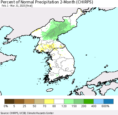 Korea Percent of Normal Precipitation 2-Month (CHIRPS) Thematic Map For 2/1/2025 - 3/31/2025