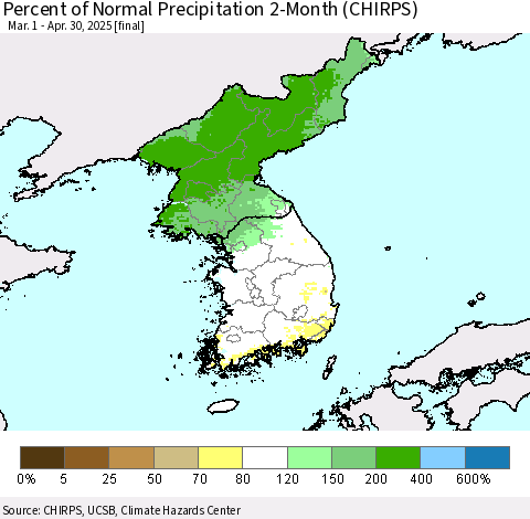 Korea Percent of Normal Precipitation 2-Month (CHIRPS) Thematic Map For 3/1/2025 - 4/30/2025