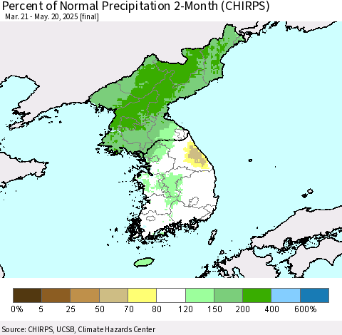 Korea Percent of Normal Precipitation 2-Month (CHIRPS) Thematic Map For 3/21/2025 - 5/20/2025