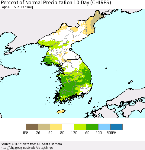 Korea Percent of Normal Precipitation 10-Day (CHIRPS) Thematic Map For 4/6/2019 - 4/15/2019