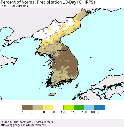 Korea Percent of Normal Precipitation 10-Day (CHIRPS) Thematic Map For 4/11/2019 - 4/20/2019