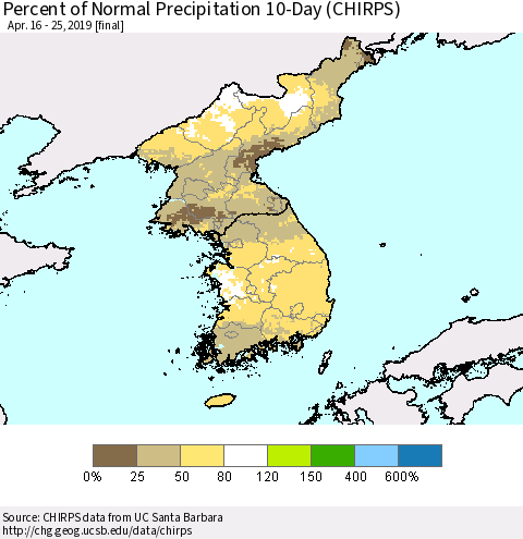 Korea Percent of Normal Precipitation 10-Day (CHIRPS) Thematic Map For 4/16/2019 - 4/25/2019