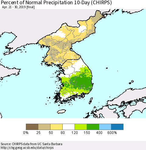 Korea Percent of Normal Precipitation 10-Day (CHIRPS) Thematic Map For 4/21/2019 - 4/30/2019