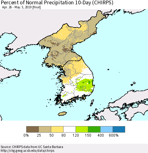 Korea Percent of Normal Precipitation 10-Day (CHIRPS) Thematic Map For 4/26/2019 - 5/5/2019